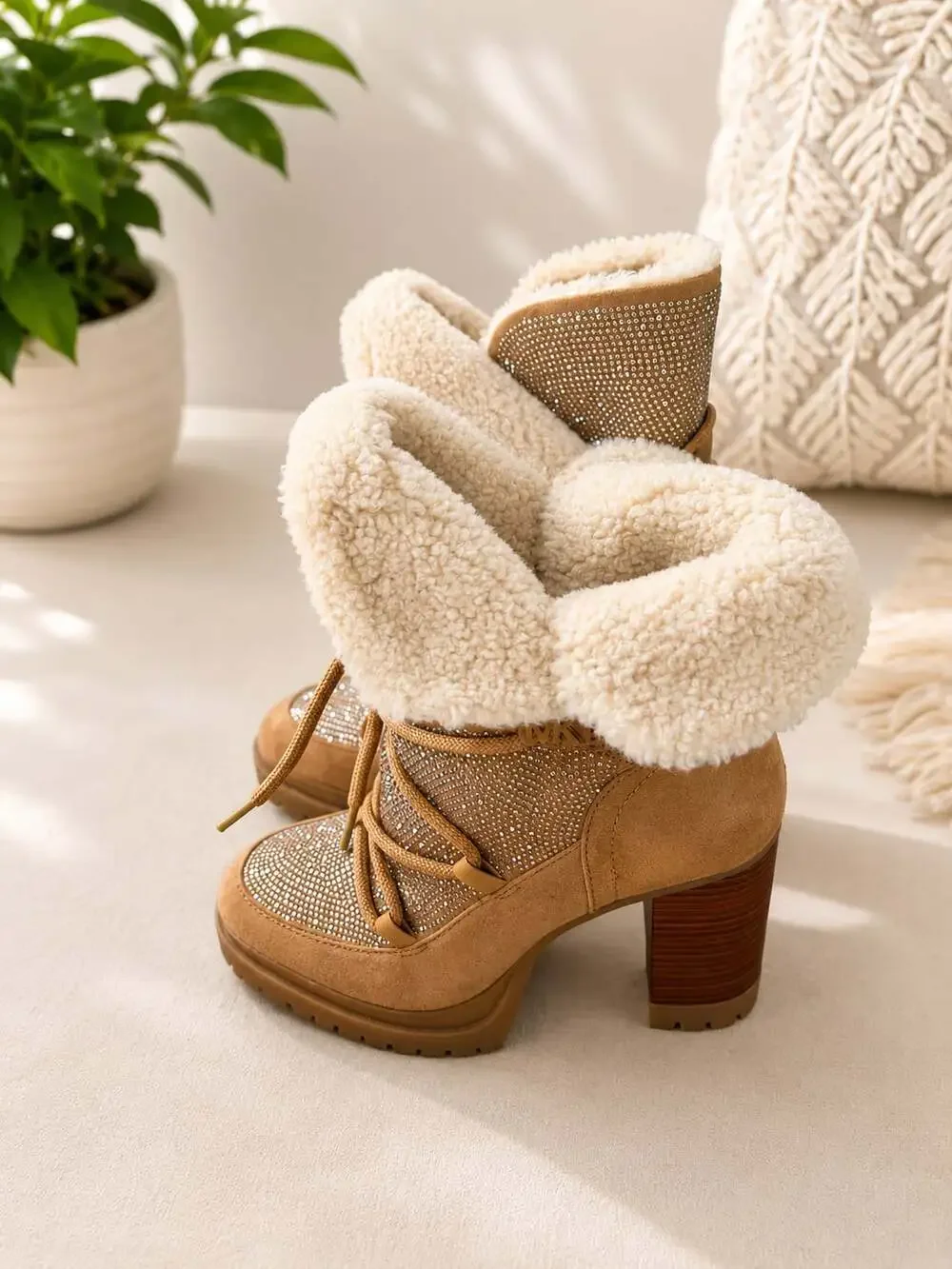 Michael Kors Culver Embellished Sherpa Lace-Up Boots in Tan Gold